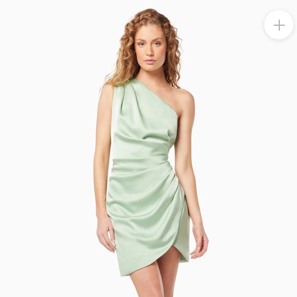 elliatt adelite sage green one shoulder fold over ruched waist mini dress small